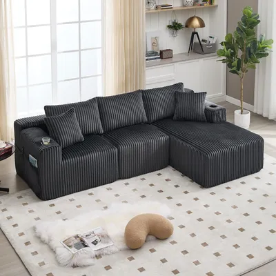 Immagine prodotto di Set di divani componibili Sweiko con chaise longue e 2 posti, rivestimento in morbido velluto a coste, con 5 cuscini, tasche laterali e portabicchieri, schiuma ad alta densità, combinazione fai da te, ideale per soggiorno, appartamento e studio.