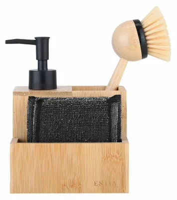 Image de Distributeur de savon liquide Estia en bambou, pompe, distributeur de liquide vaisselle, brosse et éponge