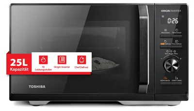 Productafbeelding van Toshiba MW3-AM25PFI(BK) Solo magnetron, 25 liter, 900W, zwarte kleur. Met Origin-Inverter, Chef-Defrost, 10 vermogensniveaus, 7 automatische programma's en een Easy Clean functie