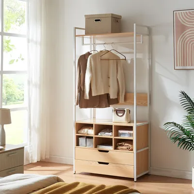 Produktbild von Garderobenständer 'Larem' mit 6 Fächern 180 x 84 x 40 cm Weiß / Eicheoptik