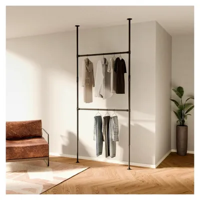 Produktbild von Teleskopische Kleiderstange 106 x 220-300 cm - Höhenverstellbarer Raumteiler für offenen Kleiderschrank, stabiler Kleiderständer - Ohne Bohren