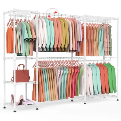 Produktbild von Schwerlast Kleiderständer Ausziehbar 240*40*198cm, Freistehendes Schranksystem mit 5 Stangen & 6 Ablagen, Metall Garderobe bis 360kg, weiß