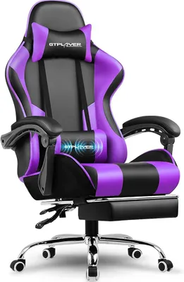 Productafbeelding van Gaming stoel, kantoork stoel, ergonomische computerstoel, gaming fauteuil met massagefunctie voor de lendensteun, bureaustoelen met voetsteun en hoofdsteun, paars kunstleer
