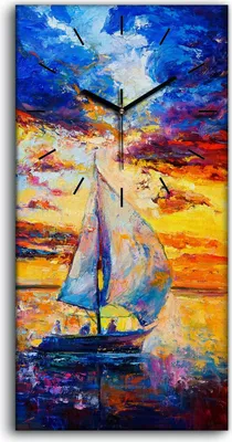 Produktbild von Leinwand Wanduhr Wandkunst Uhr 30x60 Meerelandschaft Schiff Segel bunt Meer - schwarze Hände