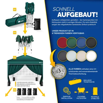 Image de tillvex Pavillon 3x3m vert - avec 4 parties latérales imperméables | Pop-Up Pliable réglable en hauteur | Tente de jardin protection UV 50+ | Tente de réception avec sac pour le jardin