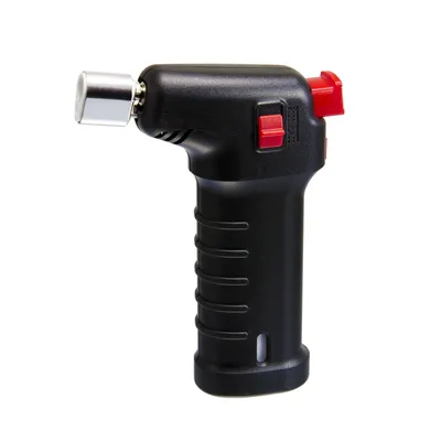 A black and red butane torch on a white background.