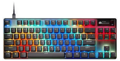 A top-down view of a gaming keyboard with RGB lighting.