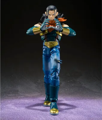 A full-body shot of an action figure of Super Android 17 from Dragon Ball GT.