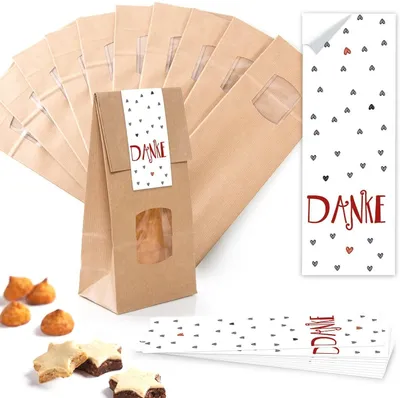 Produktbild von Verpackung 10 kleine braune Blockbodenbeutel Geschenk-Tüte MIT Fenster + Pergamineinlage 10,5 x 6,5 x 29 cm + 10 Aufkleber 5 x 15 cm Welt nur für Dich rosa pink HERZ"Danke" rot, weiß / 25 Stück