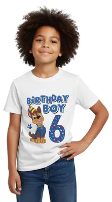 Produktbild von Spreadshirt Paw Patrol Geschenk 6 Jahre 6. Geburtstag Chase Kinder T-Shirt, 98/104 (3-4 Jahre), Weiß