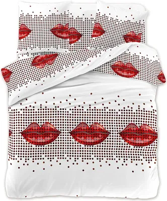 Produktbild von FEBE Bettwäsche Rote Lippen Bettbezug-Set 135x200 + Kissenbezug 2 Teilig mit Reißveschluss