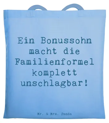 Produktbild von Mr. & Mrs. Panda Tote Bag Spruch Unschlagbarer Bonussohn - Sky Blue - Geschenk, Stiefsohn, Familienmitglieder, handgemacht, Familienbeziehung, Tragetasche, Dankeschön