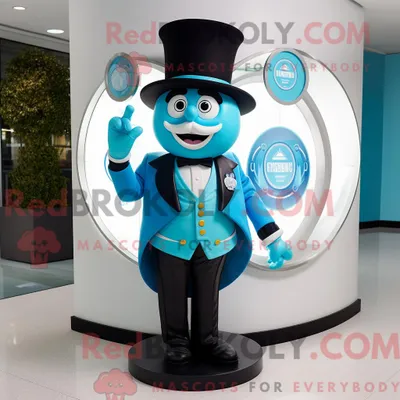 Produktbild von Maskottchen REDBROKOLY eines cyanfarbenen Zirkusdirektors mit Anzug und Manschettenknöpfen
