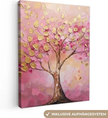 Produktbild von MuchoWow® - Leinwandbilder - Baum - Rosa - Gold - Modern, Wandbild, Wanddeko Bilder Wohnzimmer, 60x80cm
