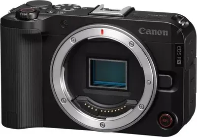 A black Canon EOS R50 camera body is shown from the front-left angle against a white background.
