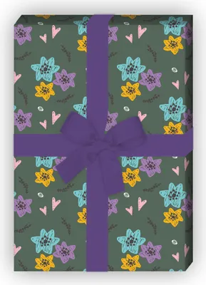 Produktbild von Herziges Geschenkpapier mit gemalten Blümchen, Dekorpapier, grün - G11910, 32 x 48cm