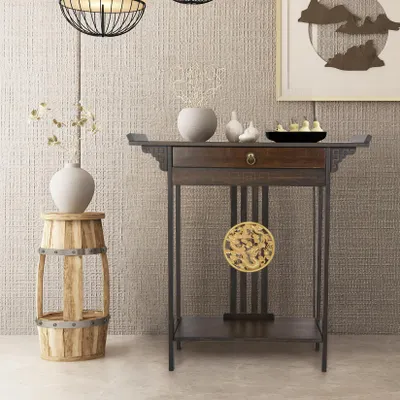 Produktbild von FATIVO Konsolentisch Holz Schmal mit Schublade, 82x32x82 cm Bestelltisch Bambus mit 2 Ablagen Klassischer Retro-Stil für Flur Wohnzimmer Eingang