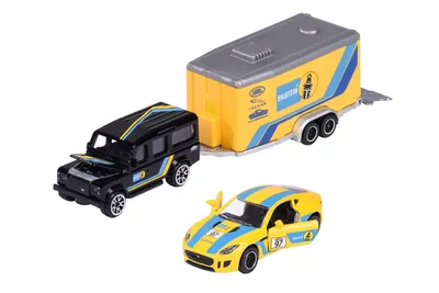 Produktbild von Majorette 212053111 Race Trailer Set Land Rover Defender + Jaguar F-Type "Bilstein" Maßstab ca. 1:64