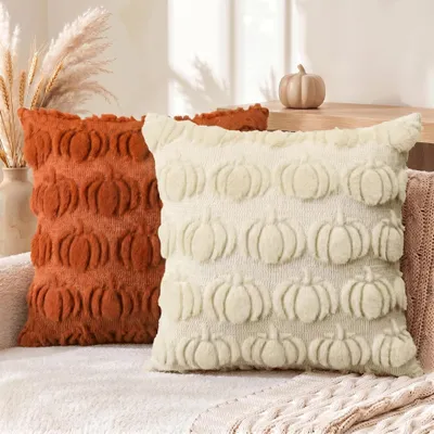 Kissenbezüge 40x40 cm, 2er-Set, Karamell-Beige, Kürbismotiv, Polyester