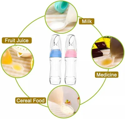 Produktbild von Baby-Silikon-Quetschflasche mit Löffel, Lebensmittelabgabe, Entwöhnungssaft, Müsli, Reisbrei