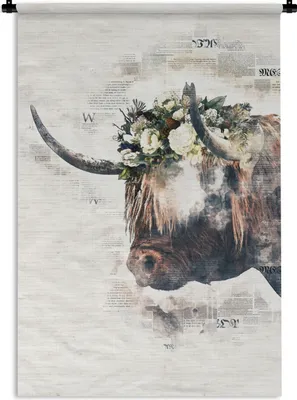 Produktbild von MuchoWow® Wandteppich Wandbehang Scottish Highlander - Blumen - Zeitungspapier 90x135 cm Tapisserie Dekoration Wandtuch - Baumwolle - Wandskulptur