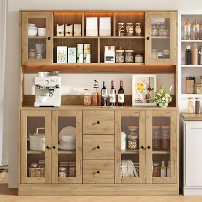 Imagen del producto de Armario multifuncional para cocina Abrihome, 150 x 40 x 173 cm – Armario alto con iluminación LED, enchufes, 6 puertas de acrílico y 3 cajones, color natural