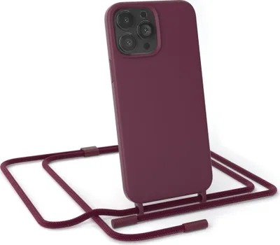 Produktbild von EAZY CASE Handykette Silikon Premium kompatibel mit Apple iPhone 13 Pro Max Handyhülle mit Umhängeband, Handykordel mit Schutzhülle, Silikonhülle, Hülle mit Band, Beeren Rot