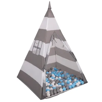 Produktbild von Selonis tipi spielzelt mit 900 bälle 6 cm zelt für kinder, grau-weiße streifen:grau/weiß/transparent/babyblau