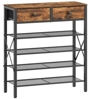 Immagine prodotto di Scarpiera a 5 ripiani, con 2 cassetti in tessuto, 4 griglie, capacità per 20 paia di scarpe, dimensioni 70,5 x 27,5 x 96 cm, colore marrone vintage e nero