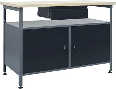 Produktbild von Werkbank Arbeitstisch aus Stahl 120x60x85 cm Schwarz mit Schublade, Höhenverstellbare Füße, Werkzeugaufbewahrung, Schränken, Ideal für Werkstatt Garage Heimwerker