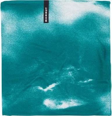 Türkis-weiß gemustertes Fleece Neck Gaiter mit Mammut-Logo auf schwarzem Etikett