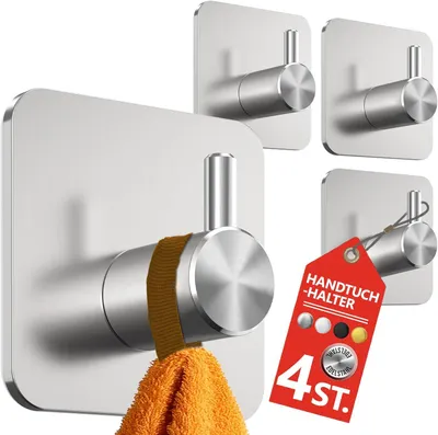 Productafbeelding van Handdoekhaak zonder boren, 4 stuks, zilver, RVS, zelfklevend, tot 10 kg, voor badkamer