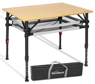 Produktbild von Campingtisch klappbar mit Bambus-Tischplatte – höhenverstellbarer Outdoor-Tisch mit verstellbaren Beinen und Aufbewahrungsnetz, 80 x 65 cm