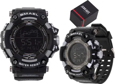 A collage of two SMAEL digital watches and a SMAEL branded box.
