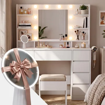 Zdjęcie produktu dla Elegancki stolik do makijażu z lustrem w stylu Hollywood i oświetleniem LED | Kolor: Biały | Wymiary: 110x40x140 cm