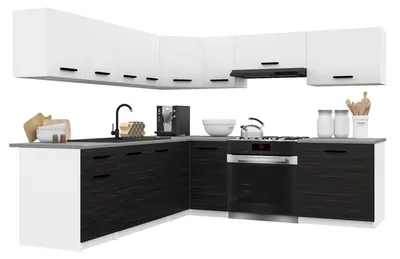 Image de Belini - Coin cuisine moderne ITALIA 7 - Meubles de cuisine 420 cm blanc-ébène mat - Cuisine équipée avec éléments hauts, éléments bas et plans de travail