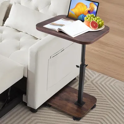 Imagen del producto de Mesa auxiliar con forma de C ajustable - Mesa giratoria - Ideal para usar junto a sofás y camas - Plato giratorio de 360 grados - Altura ajustable de 45 a 81 cm - Color nogal