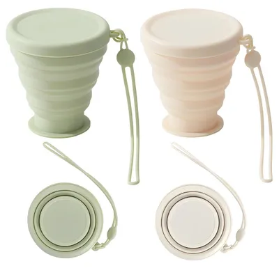 Produktbild von Faltbarer Becher – Silikon – 200 ml – Mit luftdichtem Deckel – 2 Stück – Grün und Beige – Ideal für Reisen, Wandern und Camping