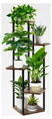 Produktbild von 5-stöckiger Blumenständer aus Holz und Metall, 106 cm hoch, Blumenregal für Zimmerpflanzen, stabil und platzsparend für Wohnzimmer, Balkon und Büro