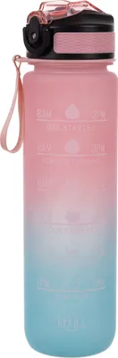 A gradient pink and blue water bottle with time markings and a black lid.