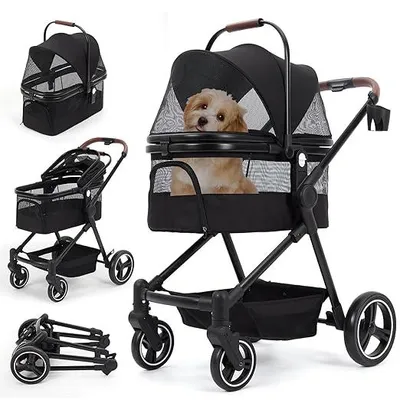 Imagen del producto de Carrito plegable 3 en 1 para perros, con capazo extraíble y asiento para automóvil. Carrito para gatos y perros pequeños y medianos, hasta 22,6 kg. Carrito deportivo giratorio de 360°, color