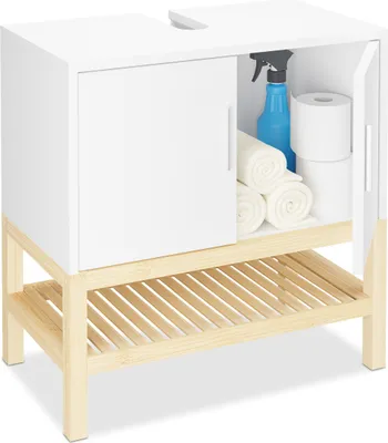 Produktbild von Relaxdays Waschbeckenunterschrank mit Ablage HBT: 60,5x60x33 cm, Bambus & MDF, Badunterschrank Waschbecken, weiß/natur