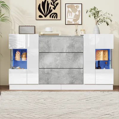 Produktbild von Merax Sideboard in Weiß Hochglanz & Marmoroptik, Kommode Schrank mit LED, 2 Türen und 3 Schubladen, 140x35x75cm