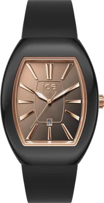 A studio shot of a black and rose gold Ice-Watch analog watch.