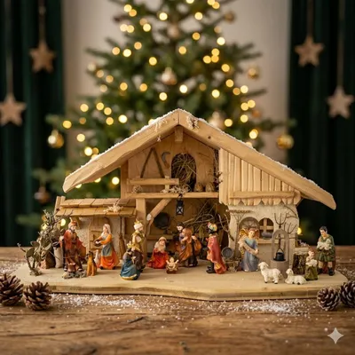 Produktbild von Traditionelle Weihnachtskrippe Zürich inkl. 17-tlg. Figurensatz ETA 1, Maße Krippe: ca. 70 x 30 x 35 cm