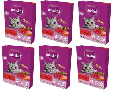 Six boxes of Whiskas cat food are arranged in two rows of three.