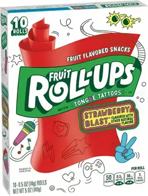 Produktbild von Fruit Roll-Ups Strawberry Blast – 12er Set (12 × 141 g) – Erdbeer-Fruchtrollen mit Zungen-Tattoos+Heartforcards Versandschutz