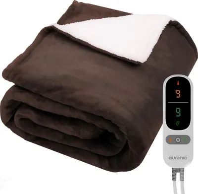 Produktbild von Auronic Elektrische Heizdecke - 200 x 180 cm - 2 Personen Wärmedecke - 9 Wärmestufen und Timer - Kuscheldecke - Sherpa Fleece - Braun