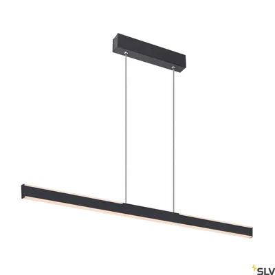 A black linear pendant light fixture against a white background.