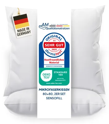 Produktbild von AM Qualitätsmatratzen | Premium 2er Mikrofaserkissenset | 80x80 cm | Kissen aus 100% atmungsaktiver Microfaser | Kopfkissen | Allergiker geeignet